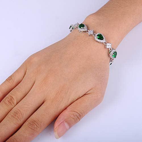 EleQueen Women's Silver-Tone Cubic Zirconia Teardrop Flower Bridal V-Necklace Sets Tennis Bracelet Dangle Earrings Emerald Color - Image 4