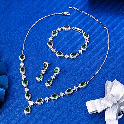 EleQueen Women's Silver-Tone Cubic Zirconia Teardrop Flower Bridal V-Necklace Sets Tennis Bracelet Dangle Earrings Emerald Color - Image 3