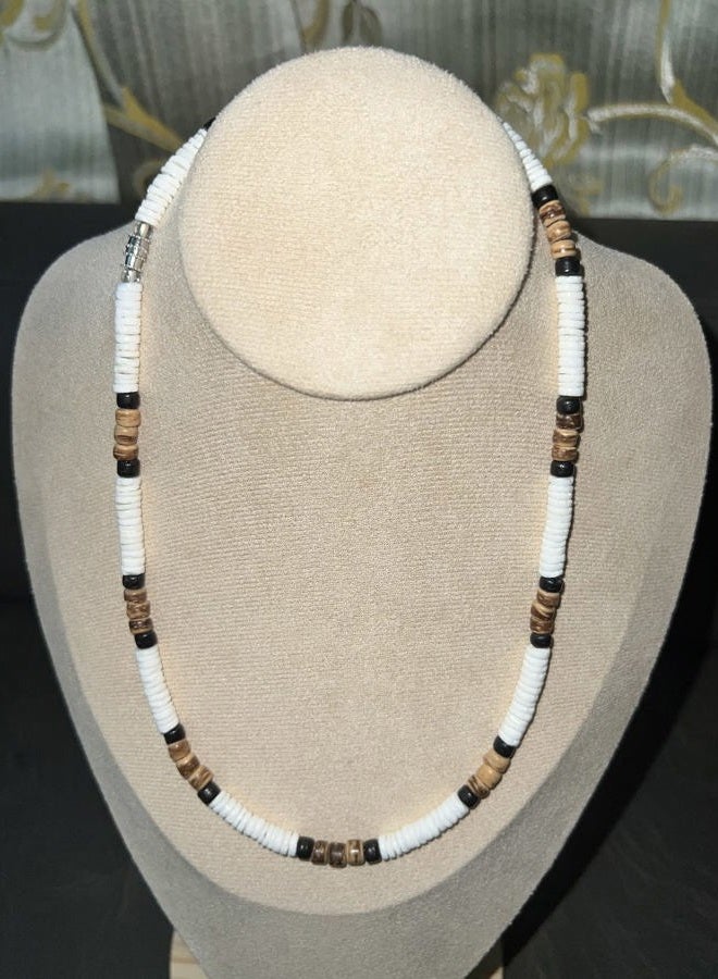 Native Treasure Mens and Womens Summer Beach Surfer Necklace From the Philippines, White Ark Shells with Black and Mixed Brown Coconut Beads, Mens Beach Necklace, 15 inch, Ark Shells, Coco Beads From - Image 2