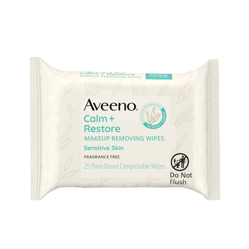 Aveeno Calm  Restore Nourishing Makeup Remover Face Wipes Fragrance Free Facial Cleansing Towelettes with Oat Extract  Calming Feverfew Alcohol Free 100 PlantBased Cloth 25 ct