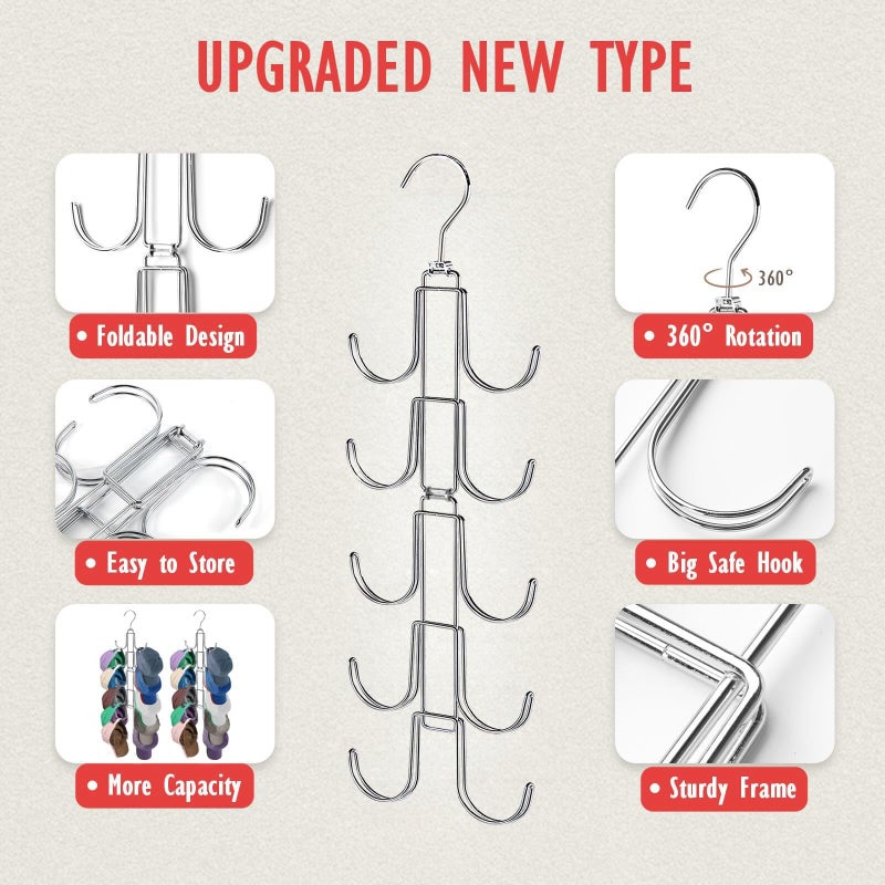 NAKBINX Hat Organizer for Closet, Collapsible Caps Rack with 10 Rotatable Large Hooks, Holds Up to 40 Baseball Caps, Metal Space Saving Hat Hanger for Display, Storage and Closet Organizers, Silver - Image 4