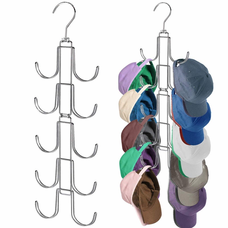 NAKBINX Hat Organizer for Closet, Collapsible Caps Rack with 10 Rotatable Large Hooks, Holds Up to 40 Baseball Caps, Metal Space Saving Hat Hanger for Display, Storage and Closet Organizers, Silver - Image 1