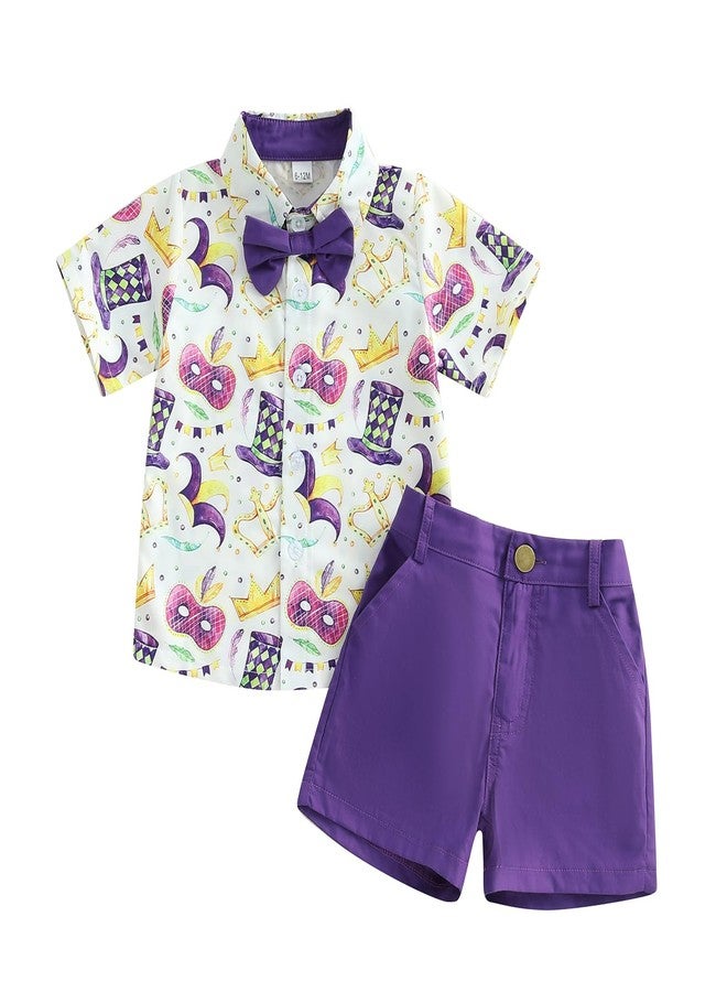 Karuedoo Toddler Baby Boy Mardi Gras Outfit Button Down Short Sleeve Bowtie Shirt Top Shorts Set Gentleman Outfits Suit (Purple, 3-4T) - Image 1