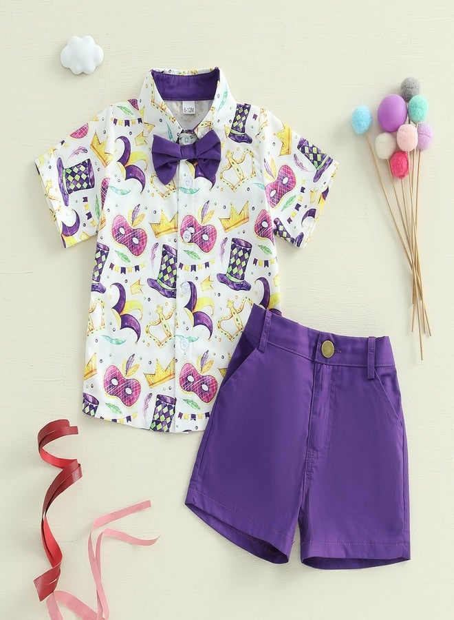 Karuedoo Toddler Baby Boy Mardi Gras Outfit Button Down Short Sleeve Bowtie Shirt Top Shorts Set Gentleman Outfits Suit (Purple, 3-4T) - Image 2