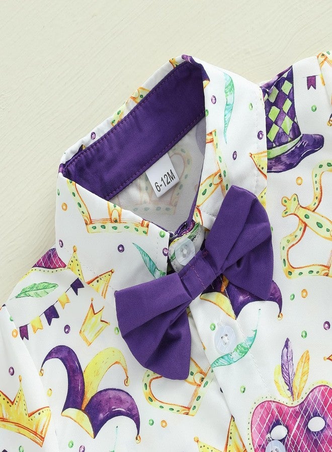 Karuedoo Toddler Baby Boy Mardi Gras Outfit Button Down Short Sleeve Bowtie Shirt Top Shorts Set Gentleman Outfits Suit (Purple, 3-4T) - Image 4