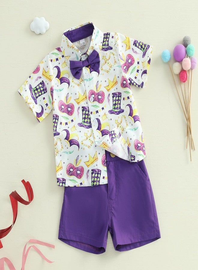 Karuedoo Toddler Baby Boy Mardi Gras Outfit Button Down Short Sleeve Bowtie Shirt Top Shorts Set Gentleman Outfits Suit (Purple, 3-4T) - Image 3