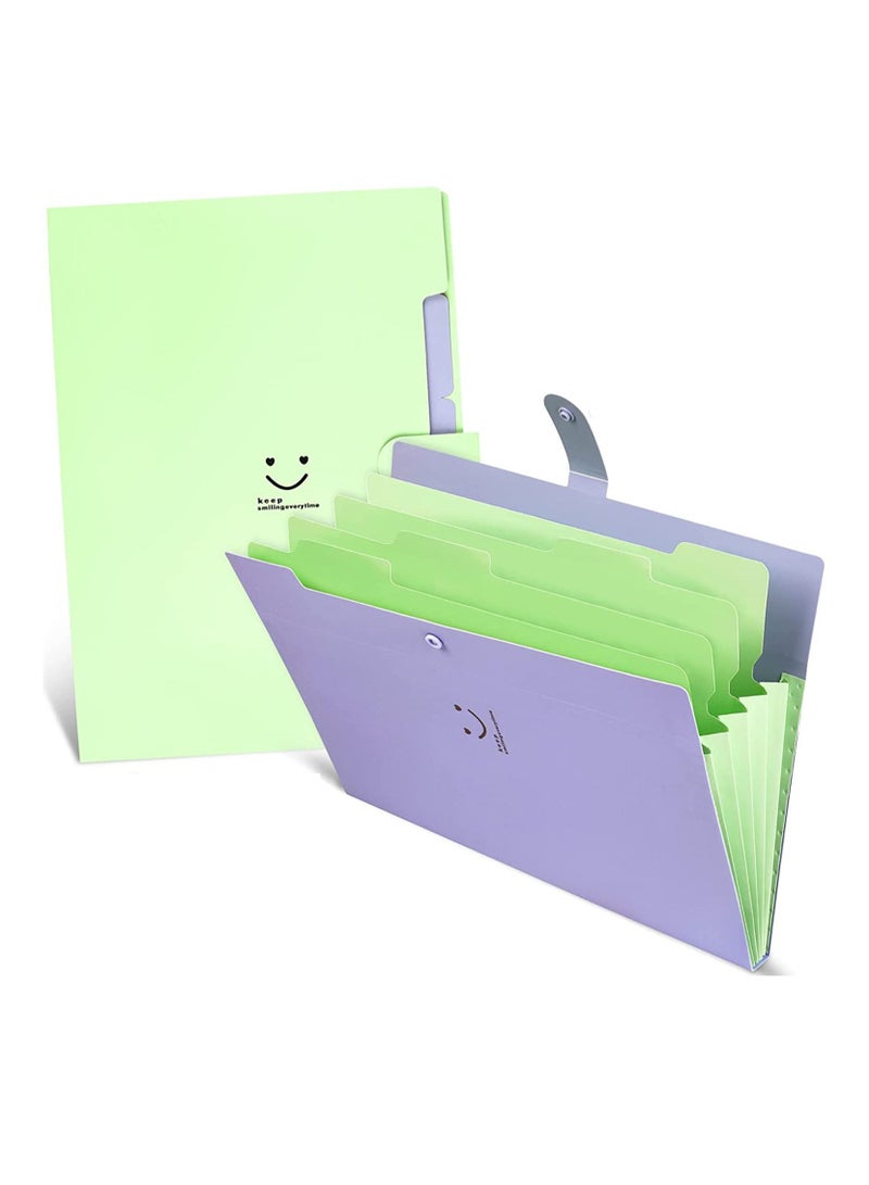 XiuWoo Expanding File Folders, 2 Pack Plastic Letter A4 Paper Organizer Folder with Labels Snap Closure, Cute Folders 5 Pockets for School Home Work Office (Green & Purple) - Image 1