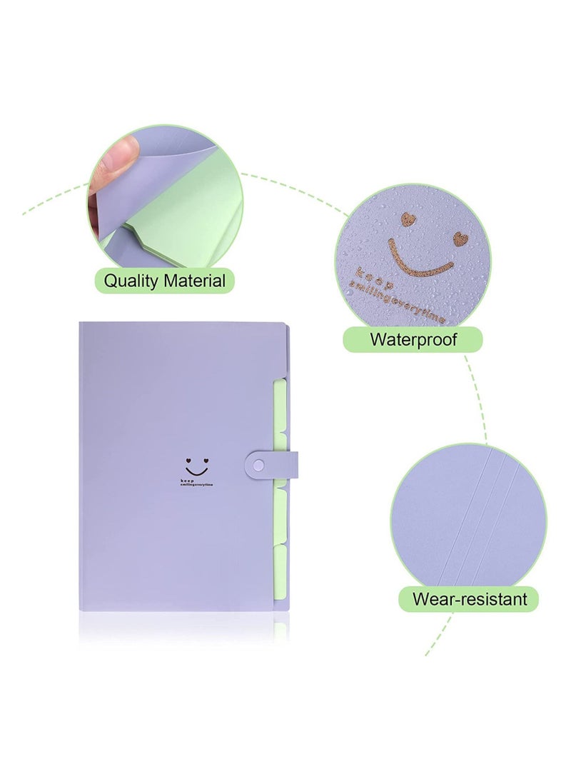 XiuWoo Expanding File Folders, 2 Pack Plastic Letter A4 Paper Organizer Folder with Labels Snap Closure, Cute Folders 5 Pockets for School Home Work Office (Green & Purple) - Image 5