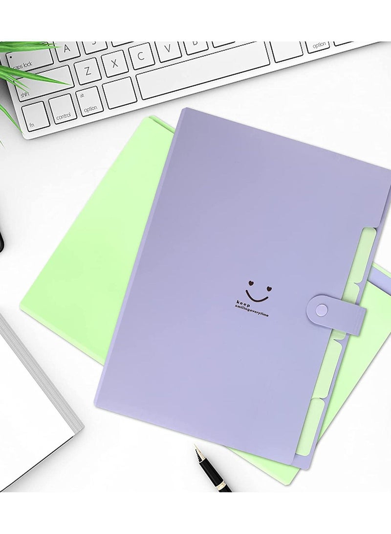 XiuWoo Expanding File Folders, 2 Pack Plastic Letter A4 Paper Organizer Folder with Labels Snap Closure, Cute Folders 5 Pockets for School Home Work Office (Green & Purple) - Image 2