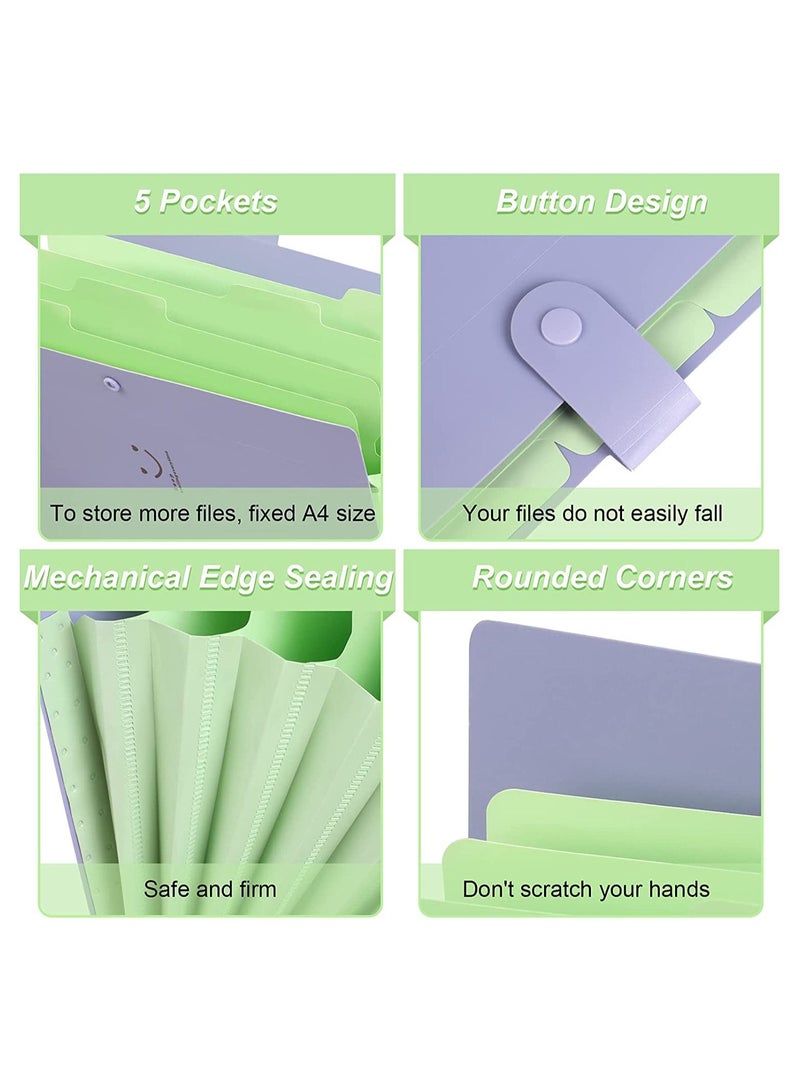 XiuWoo Expanding File Folders, 2 Pack Plastic Letter A4 Paper Organizer Folder with Labels Snap Closure, Cute Folders 5 Pockets for School Home Work Office (Green & Purple) - Image 3