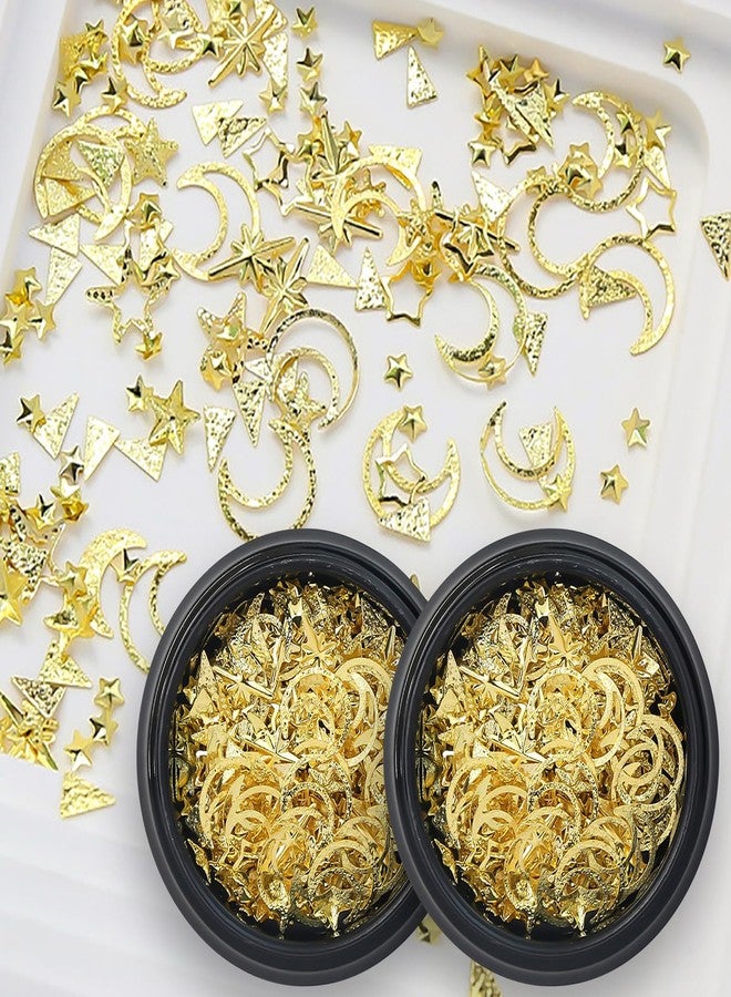 HYWWPFLAY 2 Boxes 3D Gold Nail Charms, Star and Moon Nail Charm 3D Metal Hollow Nail Art Studs Rivets Nail Decor Jewels Nail Decorations for Nails Salon or DIY Craft Supplies - Image 1