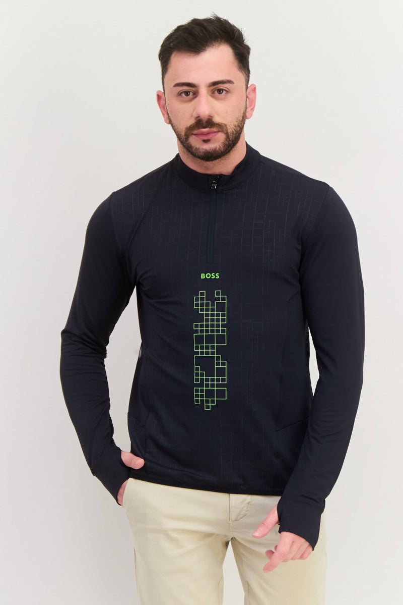 BOSS Men Mock Neck Long Sleeves Graphic Print Sweatshirt, Navy Blue - Image 1