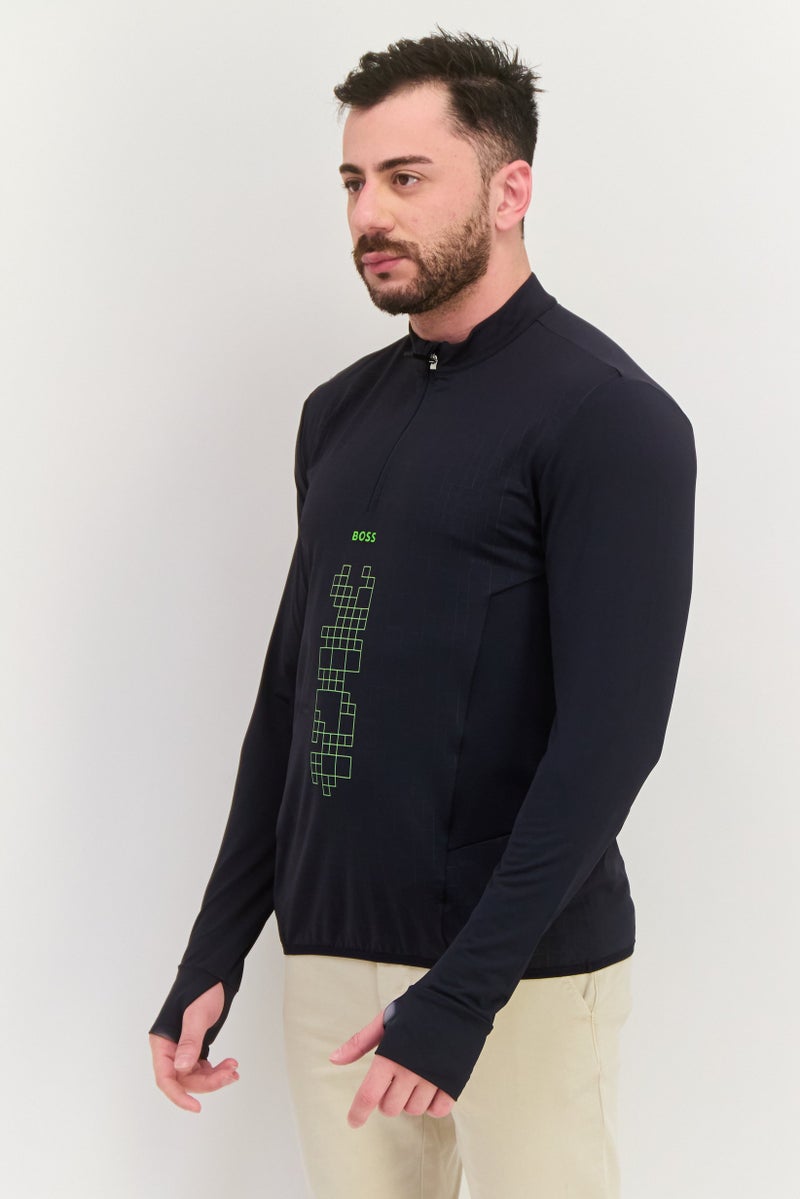 BOSS Men Mock Neck Long Sleeves Graphic Print Sweatshirt, Navy Blue - Image 2