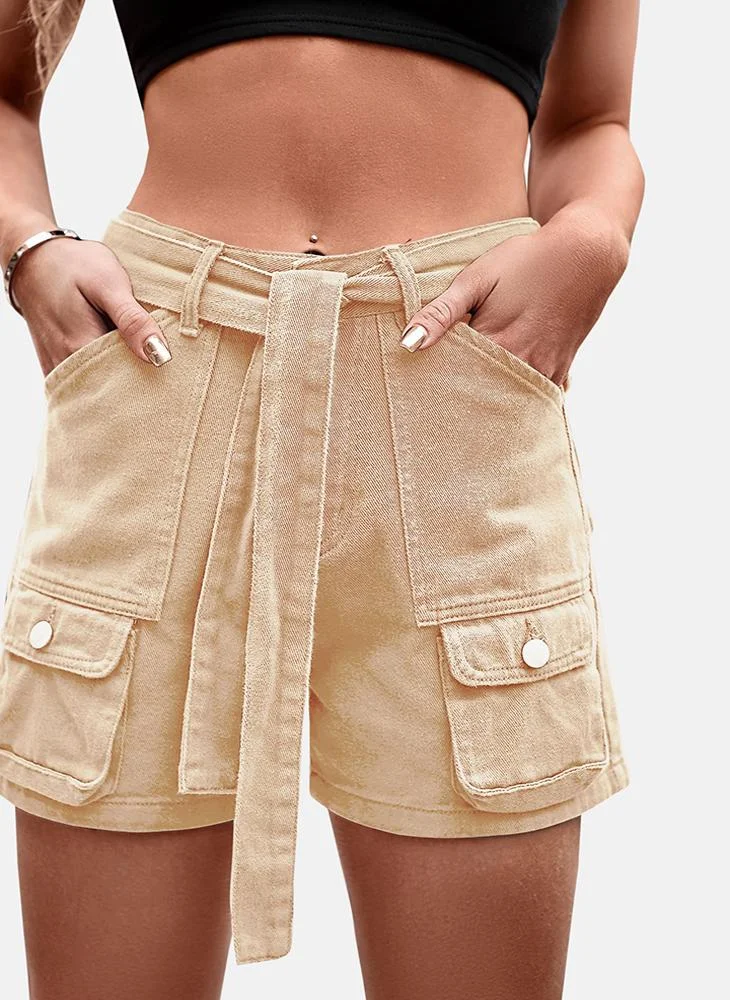 YUNIQEE Beige Mid Rise Plain Slim Fit Shorts