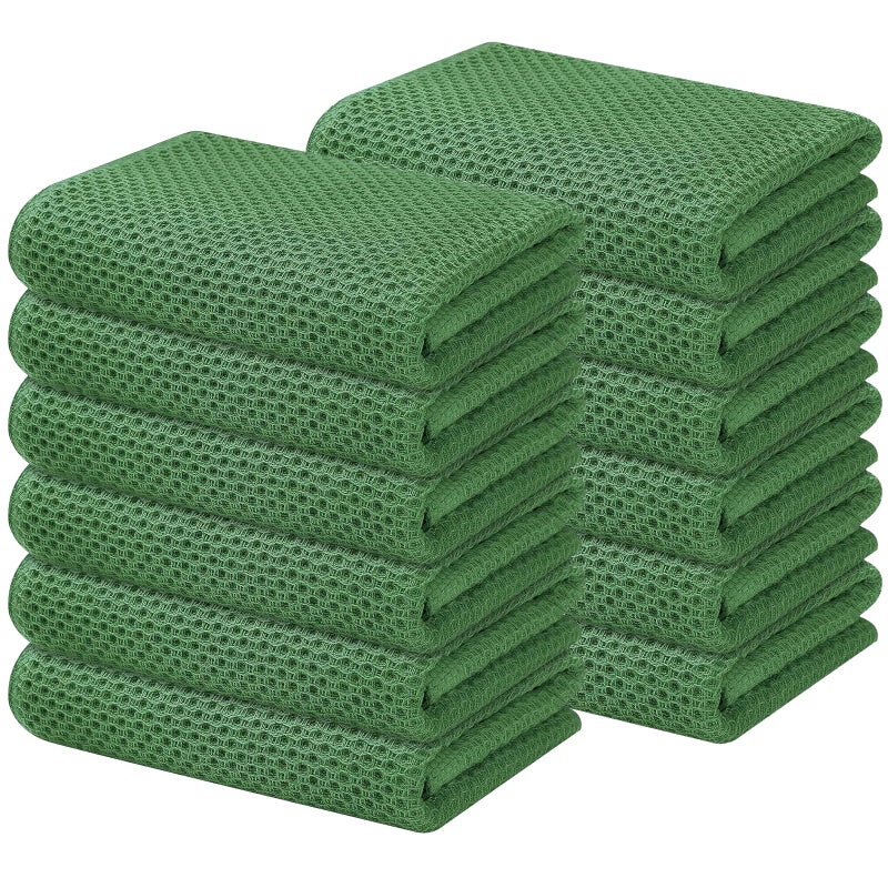 Kitinjoy 100% Cotton Waffle Weave Kitchen Towels  12-Pack Super Soft and Absorbent Kitchen Dish Towels for Drying Dishes  Kitchen Hand Towels  13 in x 28 in  Grass Green - Image 1