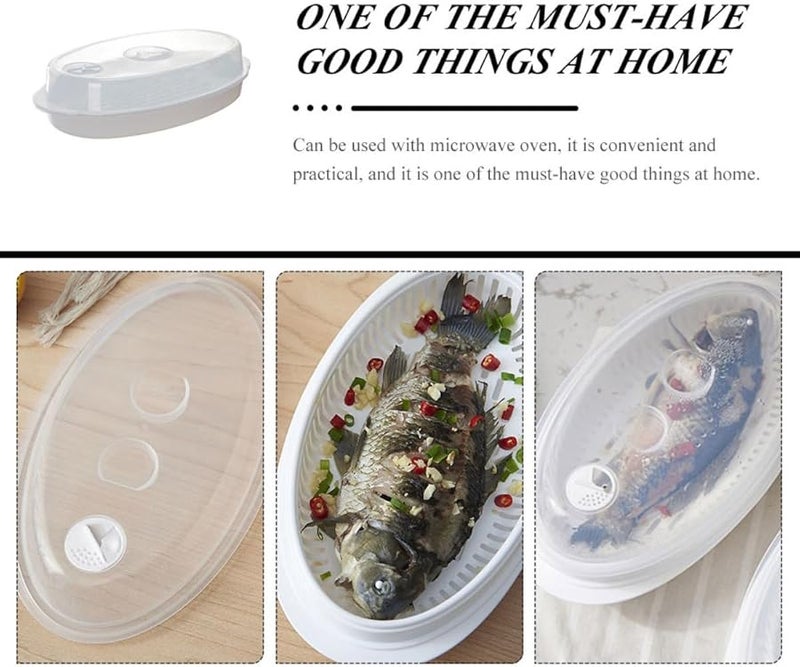 لوحة تبخير السمك في الميكروويف البيضاء مع غطاء التهوية للخضروات والمأكولات البحرية للطبخ الصحي - Image 4