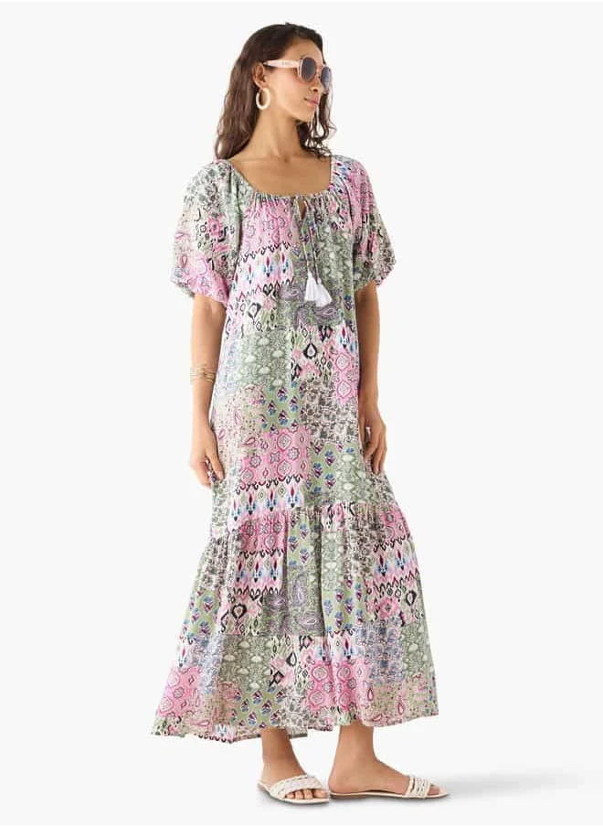 فاف Floral Print A-line Maxi Dress with Short Sleeves