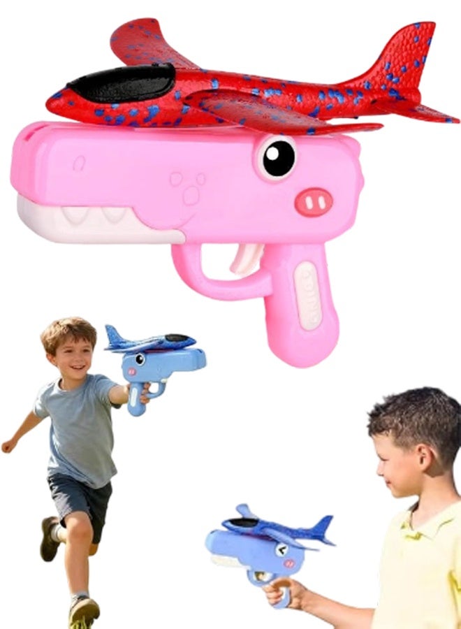 Dinosaur Airplane Launcher Toy with 8'' Foam Glider Plane, Pink - Image 1