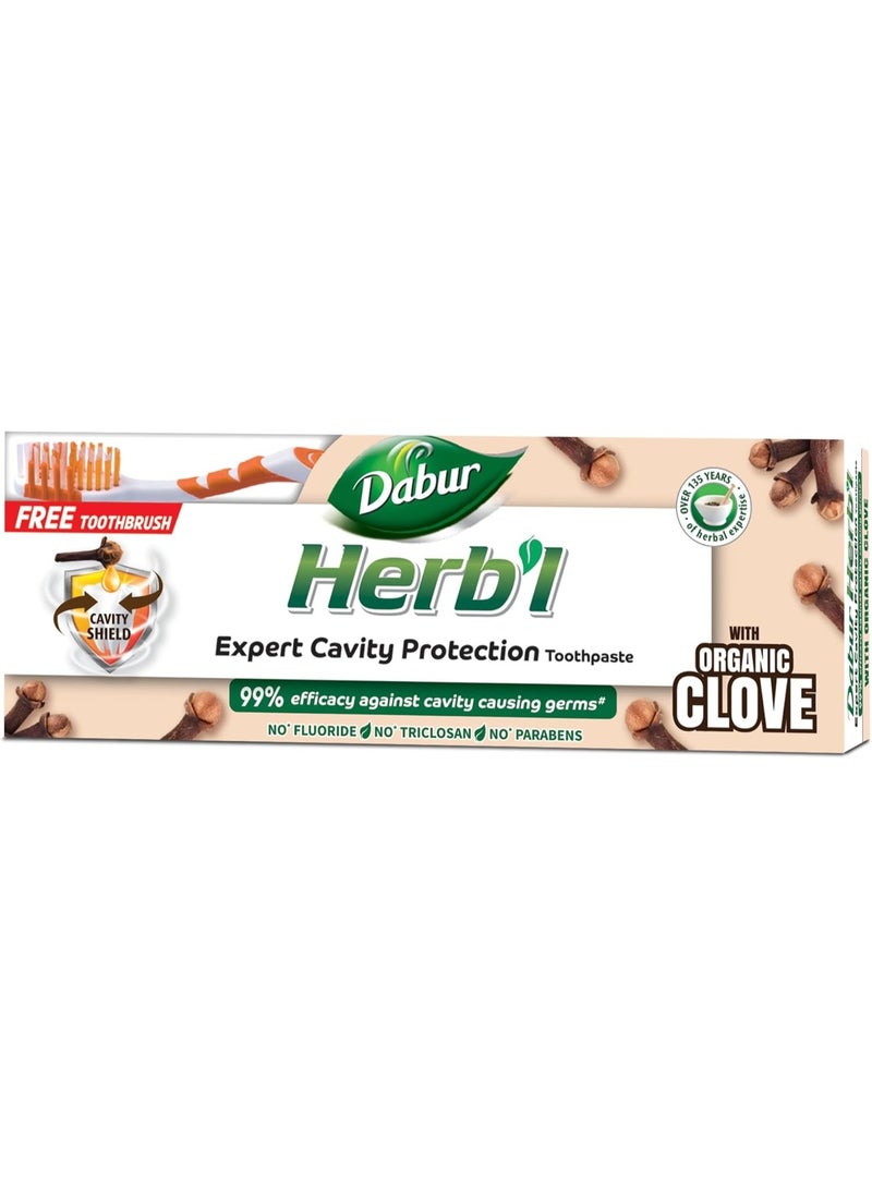 دابر معجون أسنان دابور العشبي بخلاصة القرنفل لحماية الأسنان من التسوس (١٥٠ غرام + فرشاة أسنان) | غني بالقرنفل | معجون أسنان طبيعي لأسنان قوية خالية من التسوس - Image 1