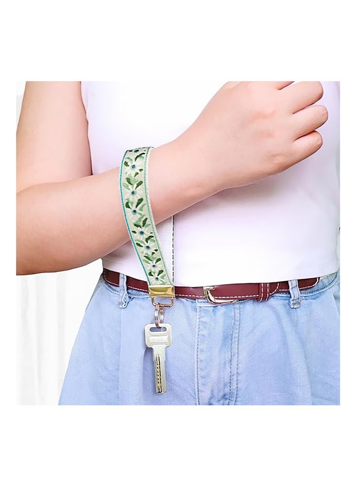 Floral Embroidered Fabric Keychain Wristlet Key Fob Keychain Car Key Chain Holder Handmade Wristband for Women -Mint Green - Image 5