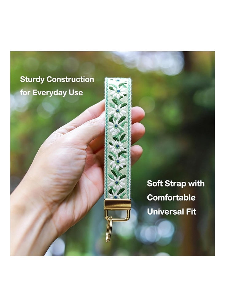Floral Embroidered Fabric Keychain Wristlet Key Fob Keychain Car Key Chain Holder Handmade Wristband for Women -Mint Green - Image 2