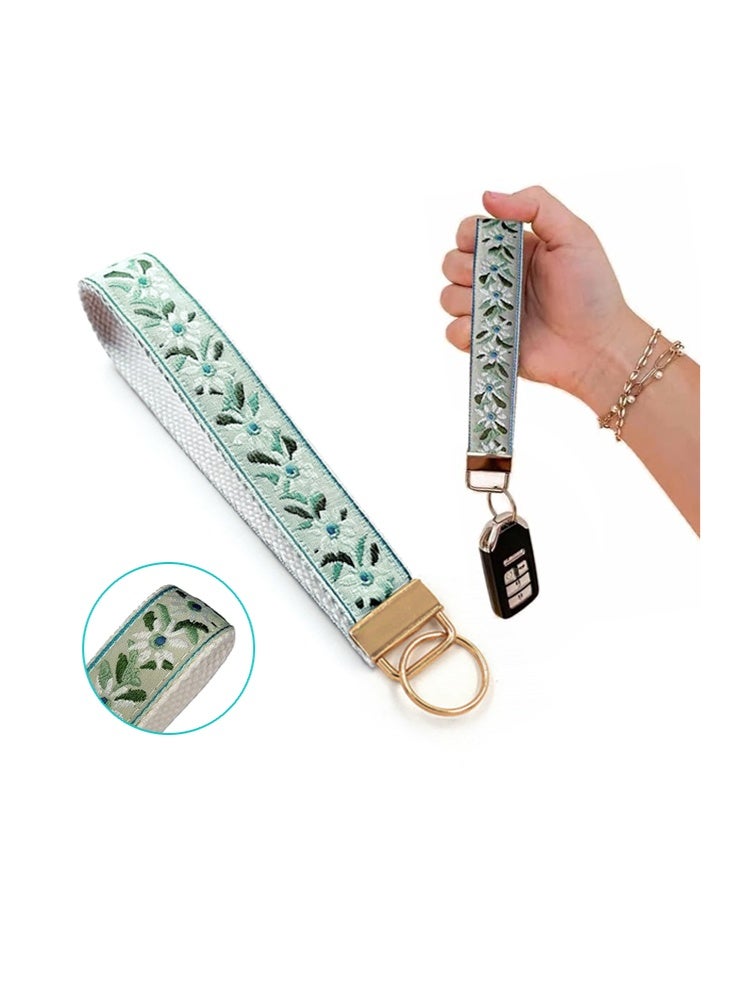 Floral Embroidered Fabric Keychain Wristlet Key Fob Keychain Car Key Chain Holder Handmade Wristband for Women -Mint Green - Image 1