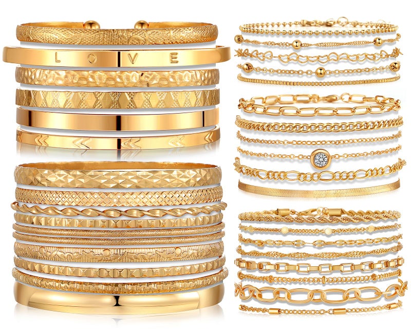 IFKM 35 PCS Chain Bangles Bracelets Set for Women, Multiple Layered Stackable Open Cuff Bangle Anklet Bracelet Trendy Elegance Link Beads Italian Boho Cuban Jewelry for Women Gift - Image 1