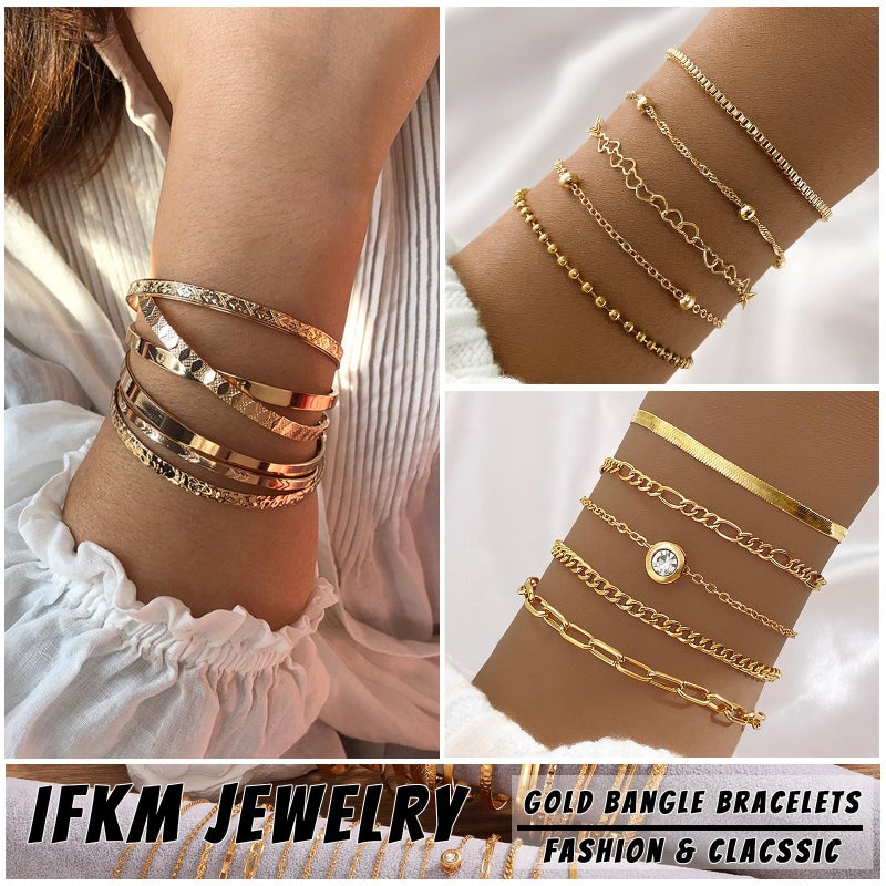 IFKM 35 PCS Chain Bangles Bracelets Set for Women, Multiple Layered Stackable Open Cuff Bangle Anklet Bracelet Trendy Elegance Link Beads Italian Boho Cuban Jewelry for Women Gift - Image 2