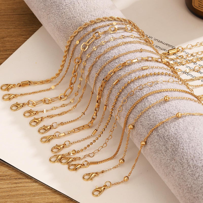 IFKM 35 PCS Chain Bangles Bracelets Set for Women, Multiple Layered Stackable Open Cuff Bangle Anklet Bracelet Trendy Elegance Link Beads Italian Boho Cuban Jewelry for Women Gift - Image 5