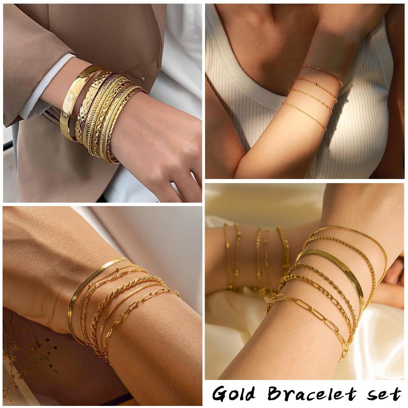 IFKM 35 PCS Chain Bangles Bracelets Set for Women, Multiple Layered Stackable Open Cuff Bangle Anklet Bracelet Trendy Elegance Link Beads Italian Boho Cuban Jewelry for Women Gift - Image 3