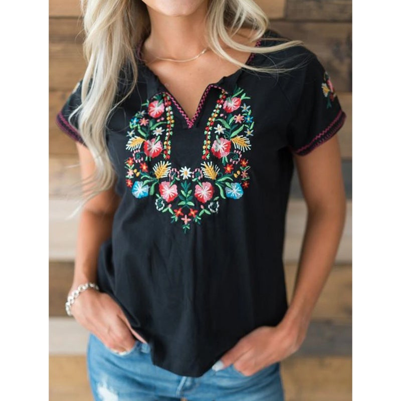 Fc836 2022 Export Popular Style Women'S Retro Embroidered Short-Sleeved T-Shirt Women'S Clothing - Image 3