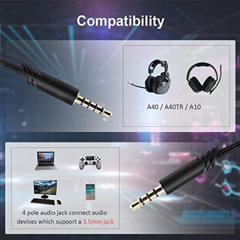 Gaming Headset Cable 6.5Ft Nylon Braided Instant Microphone Control Replacement Audio Cable - Gold-Plated 3.5mm Jack Tangle-Free Headphone Cable for PS5 Xbox PC Switch Mobile - Image 2