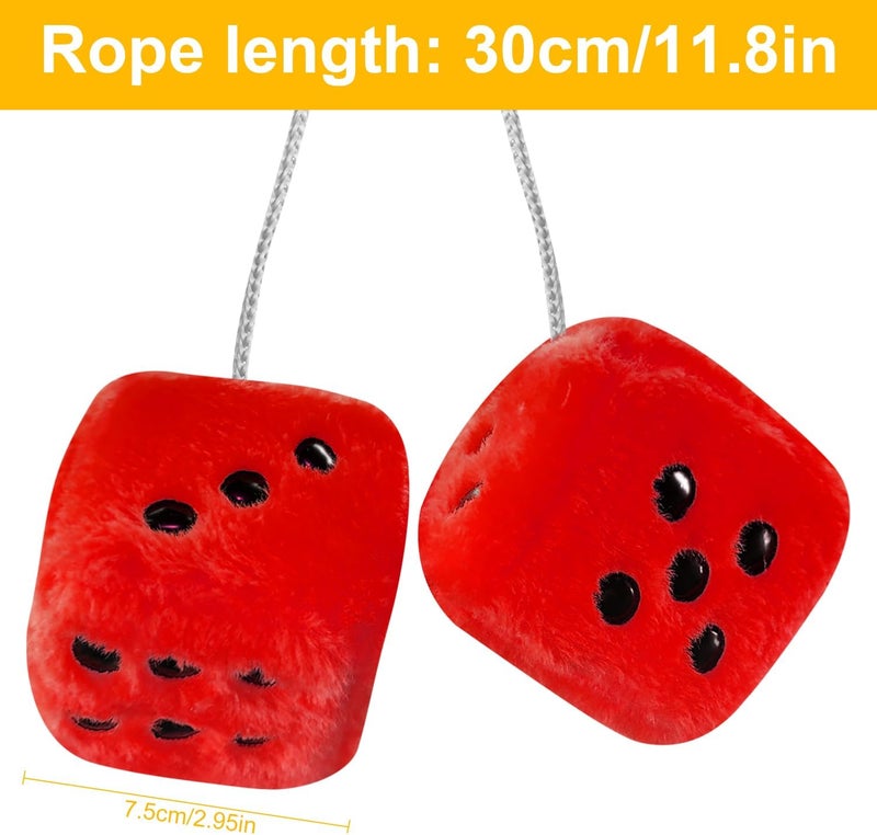 Rumyve Car Hanging Furry Dice, Vintage Car Hanging Dice,2pcs Car Pendants with Car Interior Decoration, Plush Car Decoration Pendant Accessories(Red) - Image 2