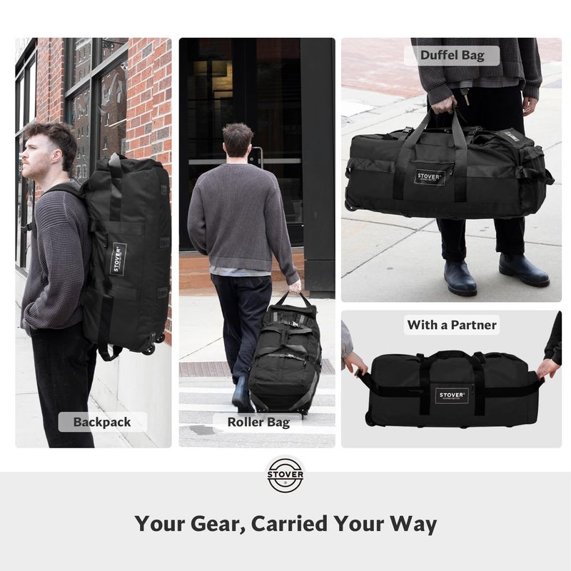 STOVER 100L Rolling Duffel Bag with Wheels, X-Large Durable Travel Duffle + Toiletry Bag, Heavy Duty, Packable with Shoulder Straps- Use as Luggage or Backpack, Men/Women (Black) - Image 4