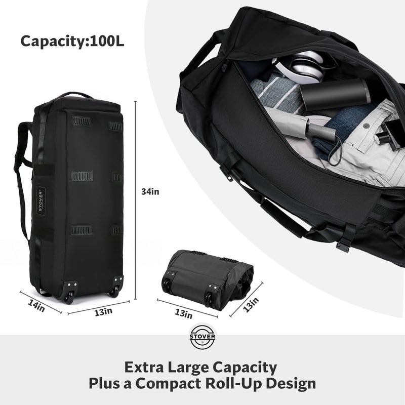 STOVER 100L Rolling Duffel Bag with Wheels, X-Large Durable Travel Duffle + Toiletry Bag, Heavy Duty, Packable with Shoulder Straps- Use as Luggage or Backpack, Men/Women (Black) - Image 2