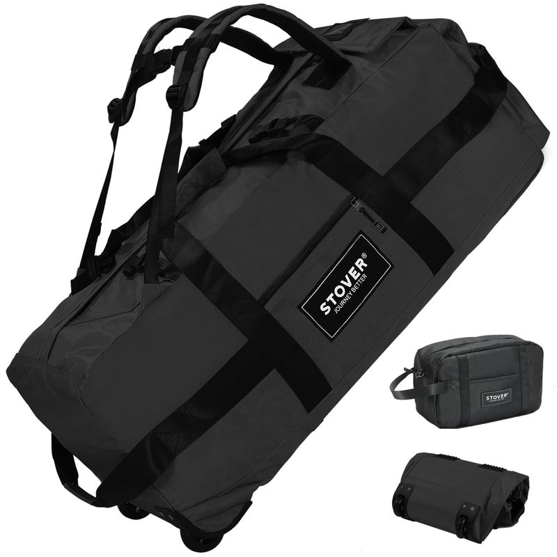STOVER 100L Rolling Duffel Bag with Wheels, X-Large Durable Travel Duffle + Toiletry Bag, Heavy Duty, Packable with Shoulder Straps- Use as Luggage or Backpack, Men/Women (Black) - Image 1