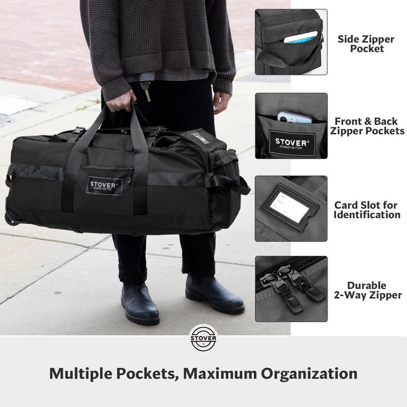 STOVER 100L Rolling Duffel Bag with Wheels, X-Large Durable Travel Duffle + Toiletry Bag, Heavy Duty, Packable with Shoulder Straps- Use as Luggage or Backpack, Men/Women (Black) - Image 5