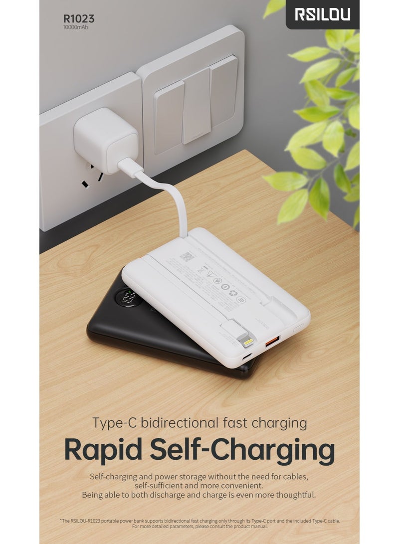 RSILOU - R1023 10000mAh Fast Charging Power Bank | Built-in USB-C & Lightning Cables | LED Display | Type-C Input | Portable Airline-Safe Charger for iPhone, Samsung & Huawei - Image 3