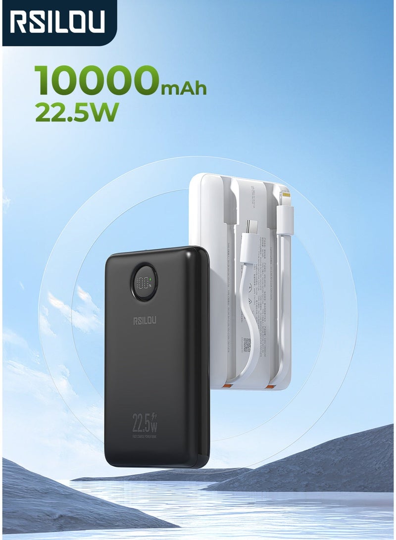 RSILOU - R1023 10000mAh Fast Charging Power Bank | Built-in USB-C & Lightning Cables | LED Display | Type-C Input | Portable Airline-Safe Charger for iPhone, Samsung & Huawei - Image 1