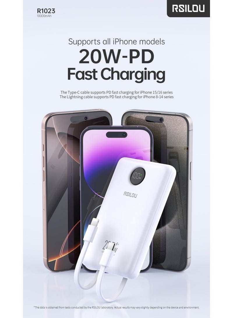 RSILOU - R1023 10000mAh Fast Charging Power Bank | Built-in USB-C & Lightning Cables | LED Display | Type-C Input | Portable Airline-Safe Charger for iPhone, Samsung & Huawei - Image 4