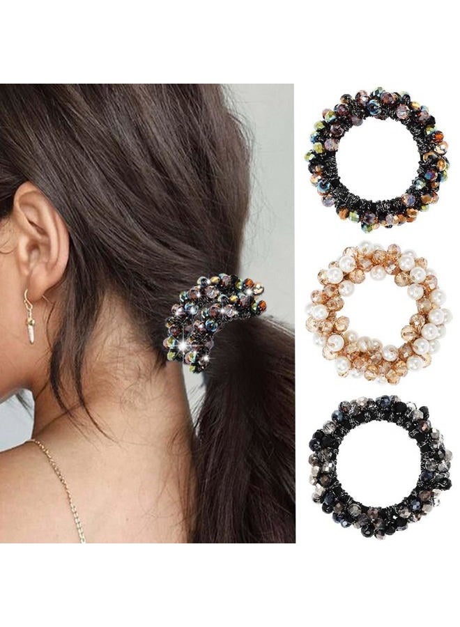 Unicra Pearl Hair Ties Beaded Fancy Elastic Hair Scrunchies Set Fashion Decorative Ponytail Holder Pearls Hair Accessories for Women and Girls 3PCS (Pearl&Rhinestone) - Image 1