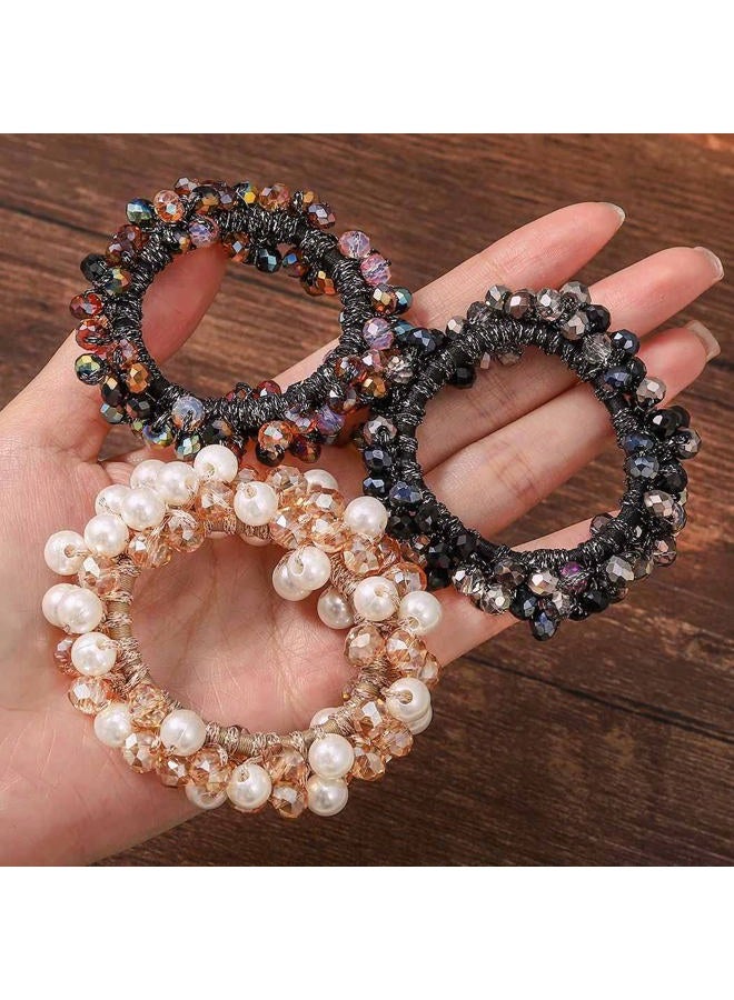 Unicra Pearl Hair Ties Beaded Fancy Elastic Hair Scrunchies Set Fashion Decorative Ponytail Holder Pearls Hair Accessories for Women and Girls 3PCS (Pearl&Rhinestone) - Image 2