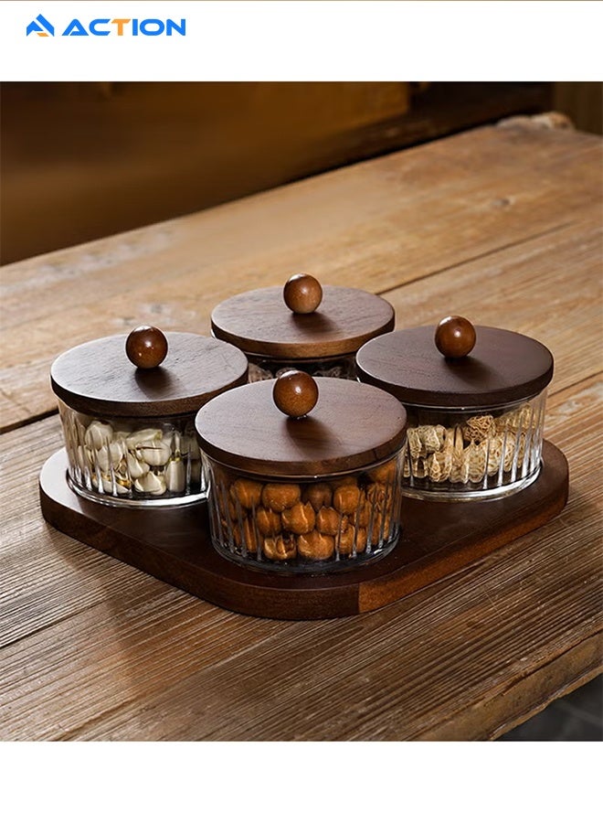 ACTION Versatile Serving Tray| 4 Small Jars With 1 Wooden Tray | Perfect For Serving Sweets, Cookies, Dry Fruits & Snacks - Image 1