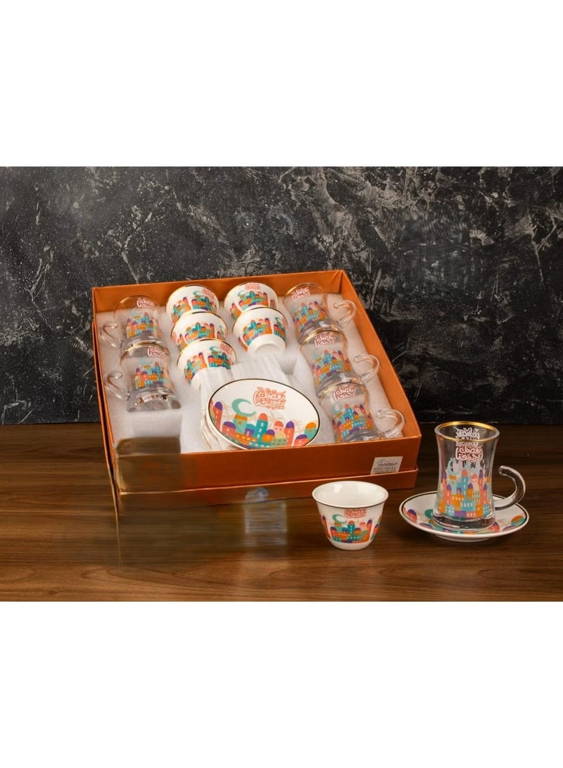 Ramadan-themed hospitality set: 6 coffee cups and 6 tea glasses