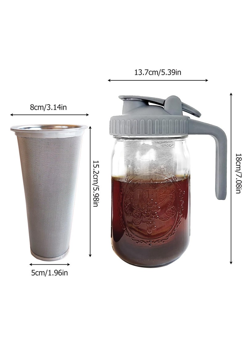 KASTWAVE Cold Brew Coffee Maker Mason Jar,32 oz Iced Coffee Pitcher With Stainless Steel Filter,Wide Mouth Cold Brew Pitcher for Iced Coffee, Lemonade, Ice Tea, Fruit Drinks(Grey) - Image 2