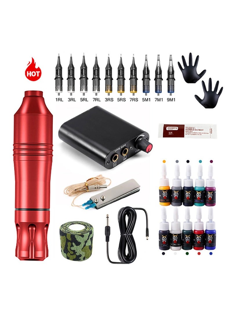 Tattoo Pen Kit, All In One Tattoo Machine Set, Durable Safe Tattoo Supplies Kit, Tattoo Pen, Tattoo Integrated Needles, Tattoo Pigment 10 Colors Set, Steel Pedal, Repair Cream, Bnadage, (Red Suit) - Image 1