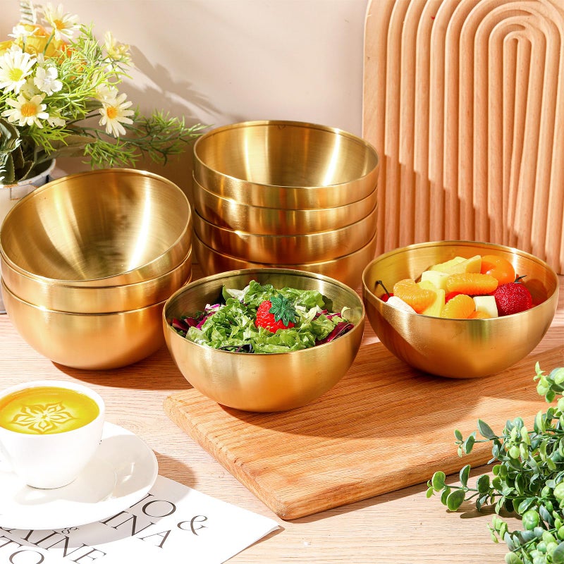 Nuogo 10 Pcs Gold Bowls 5.9 Inch Stainless Steel Mixing Bowls Decorative Esthetician Bowl for Facial Metal Serving Bowl for Holiday Birthday Party Wedding Baking Prepping Salad Fruit Soup - Image 4