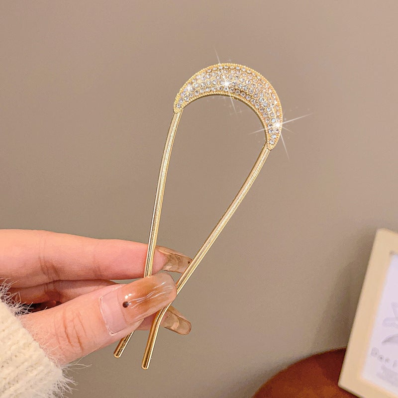 Generic High-grade Pearl U-shaped pearl hairpin female modern chopsticks ball head updo artifact back head hairpin headdress 2# gold rhinestone U-shaped