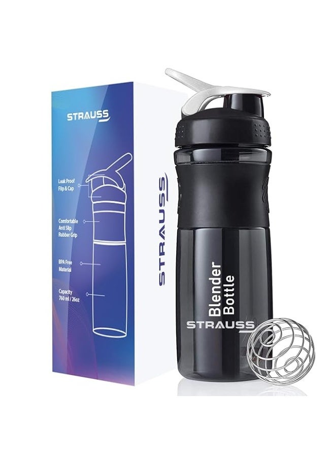 STRAUSS Blender Shaker Bottle | Leakproof Shaker Bottle for Protein Shake, Pre-Workout and Bcaa Shake | Protein Shaker Bottle for Gym | Ideal for Men and Women | BPA-Free Material- 760 ML,(Black) - Image 1