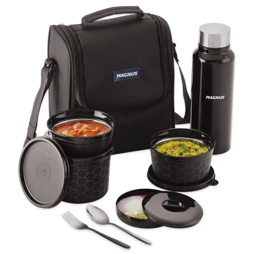 Magnus Microwave EVA 5 Lunch Box(Black) - 3 Containers, 1 Small Box, 1 Bottle, Cutlery | Leakproof Stainless Steel Lunch Box for Kids, Lunch Boxes for Office Men | Office & Microwave Safe - Image 1